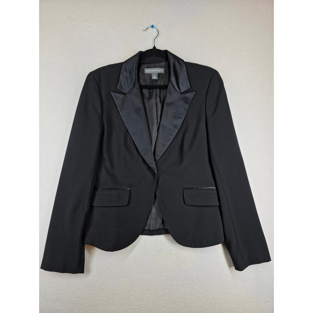 Josephine Chaus Black Tuxedo Blazer Satin Peak Lapel Single Button Jacket 10